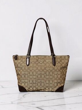 Coach Signature Zip Top Tote Khaki Dark Brown Canvas F29958 Excellent